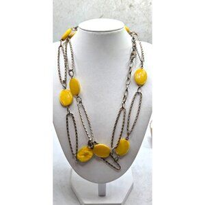 Vintage Yellow Bead & Silver-Tone Chain Statement Necklace 30" Boho Chic Style J